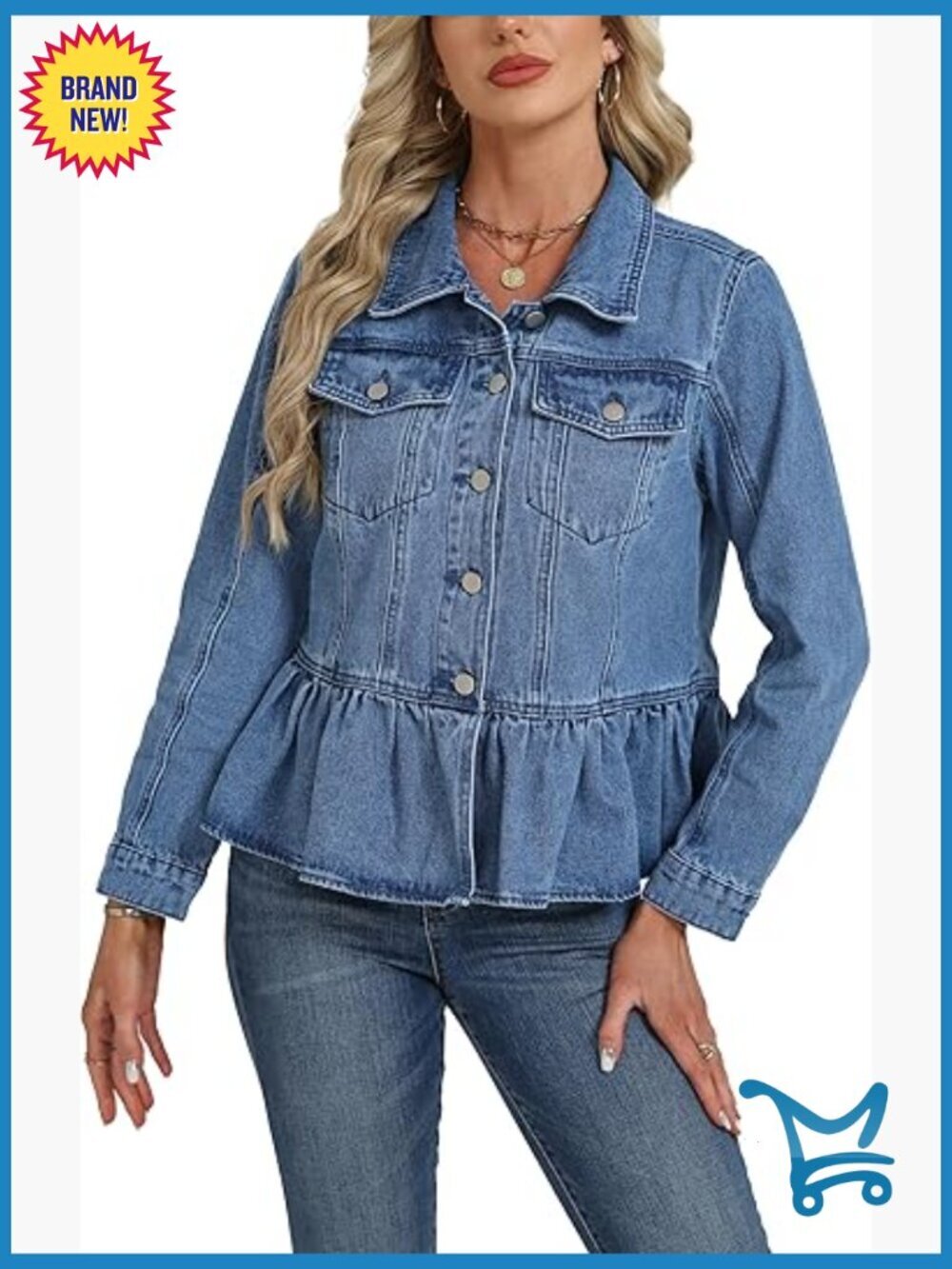 Trendy Long Sleeve Button Up Denim Jacket with Ruffle Hem